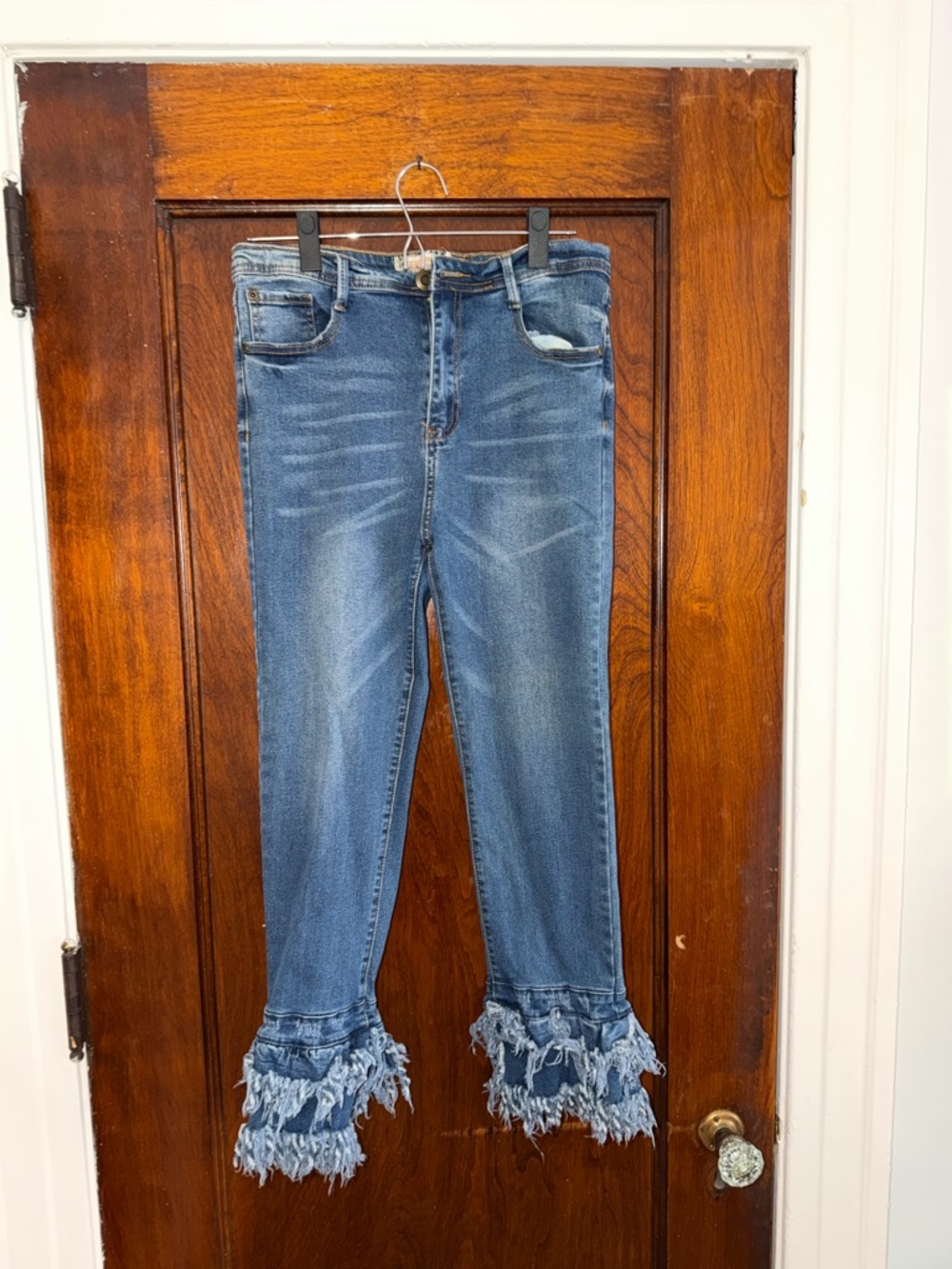 Boohoo Medium Blue Distressed Fringe Hem Ankle Jeans